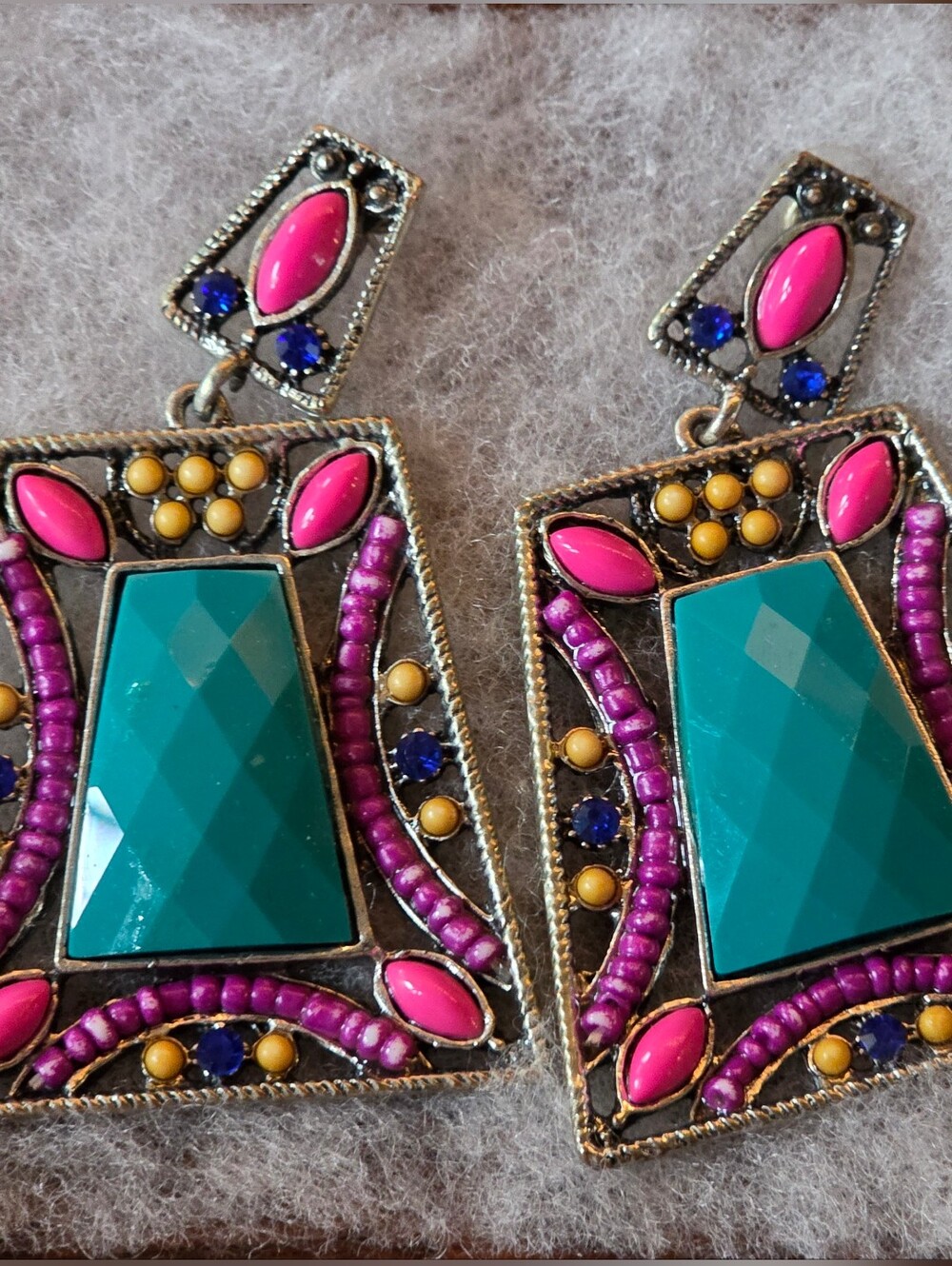 NWOT Vintage Bohemian Teal & Pink Statement Drop Earrings